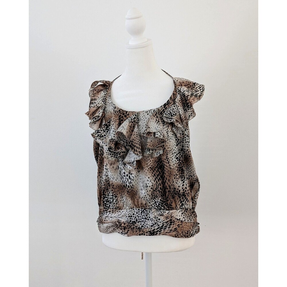 Rampage Blouse Women M Brown Leopard Print Ruffled Neckline Banded Button Casual